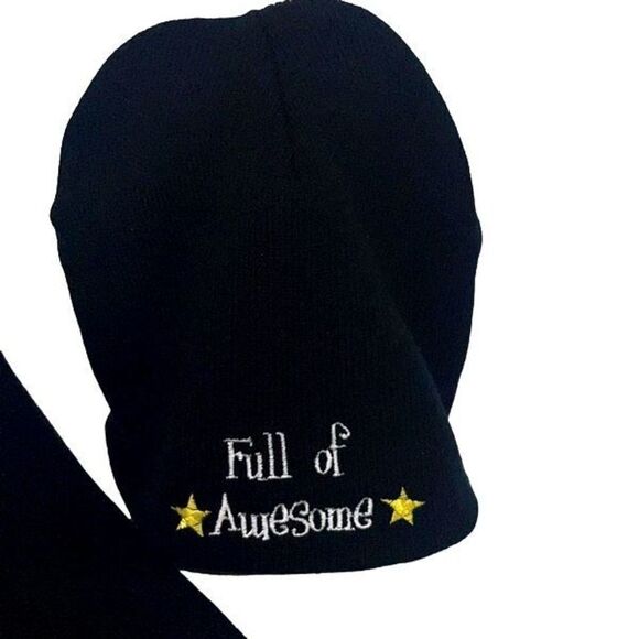 Winter Hat Beanie and Scarf Set Knit Black “Full of Awesome” - Picture 2 of 5
